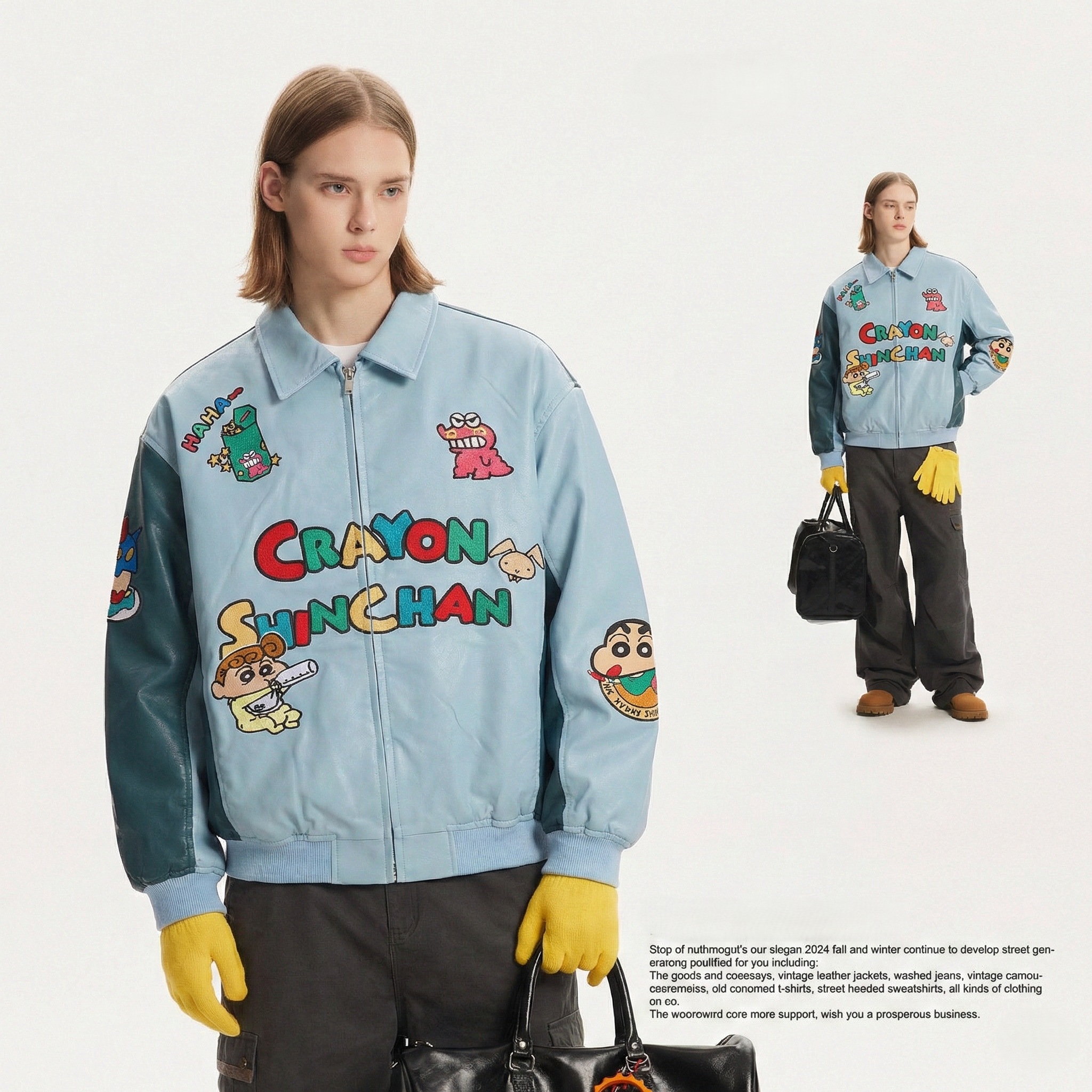 WES®️| ÁO KHOÁC DA OVERSIZED THÊU HÌNH SHINCHAN VINTAGE UNISEX WES5128