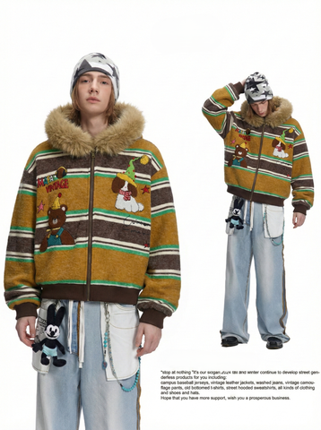 WES®️| ÁO KHOÁC NHUNG TAI THỎ HỌA TIẾT THÊU ĐỘNG VẬT RETRO UNISEX WES6181