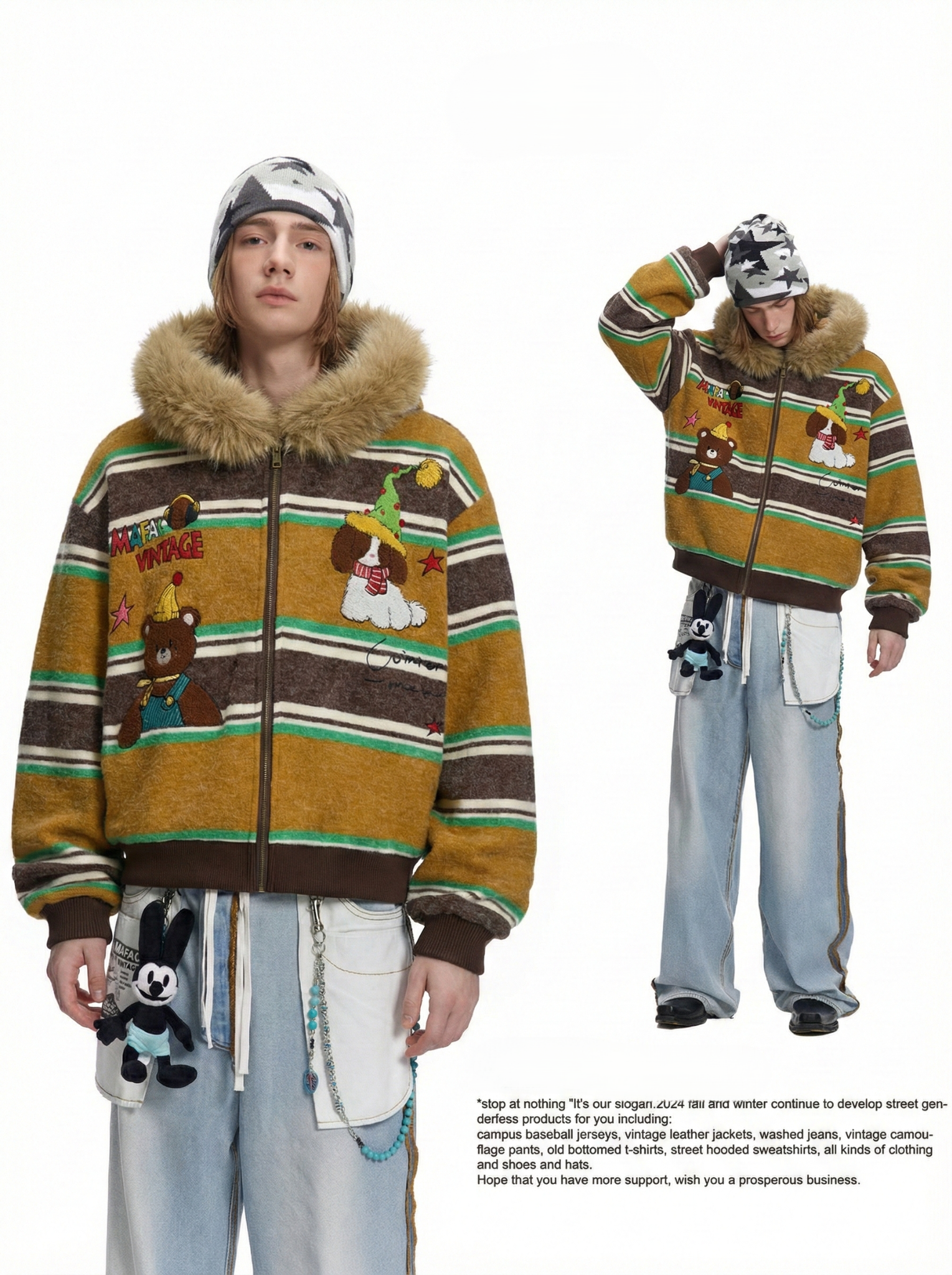 WES®️| ÁO KHOÁC NHUNG TAI THỎ HỌA TIẾT THÊU ĐỘNG VẬT RETRO UNISEX WES6181