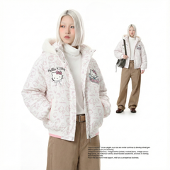 WES®️| ÁO KHOÁC COTTON  LÔNG TRÙM ĐẦU HỌA TIẾT HELLO KITTY DÁNG RỘNG NỮ 6170