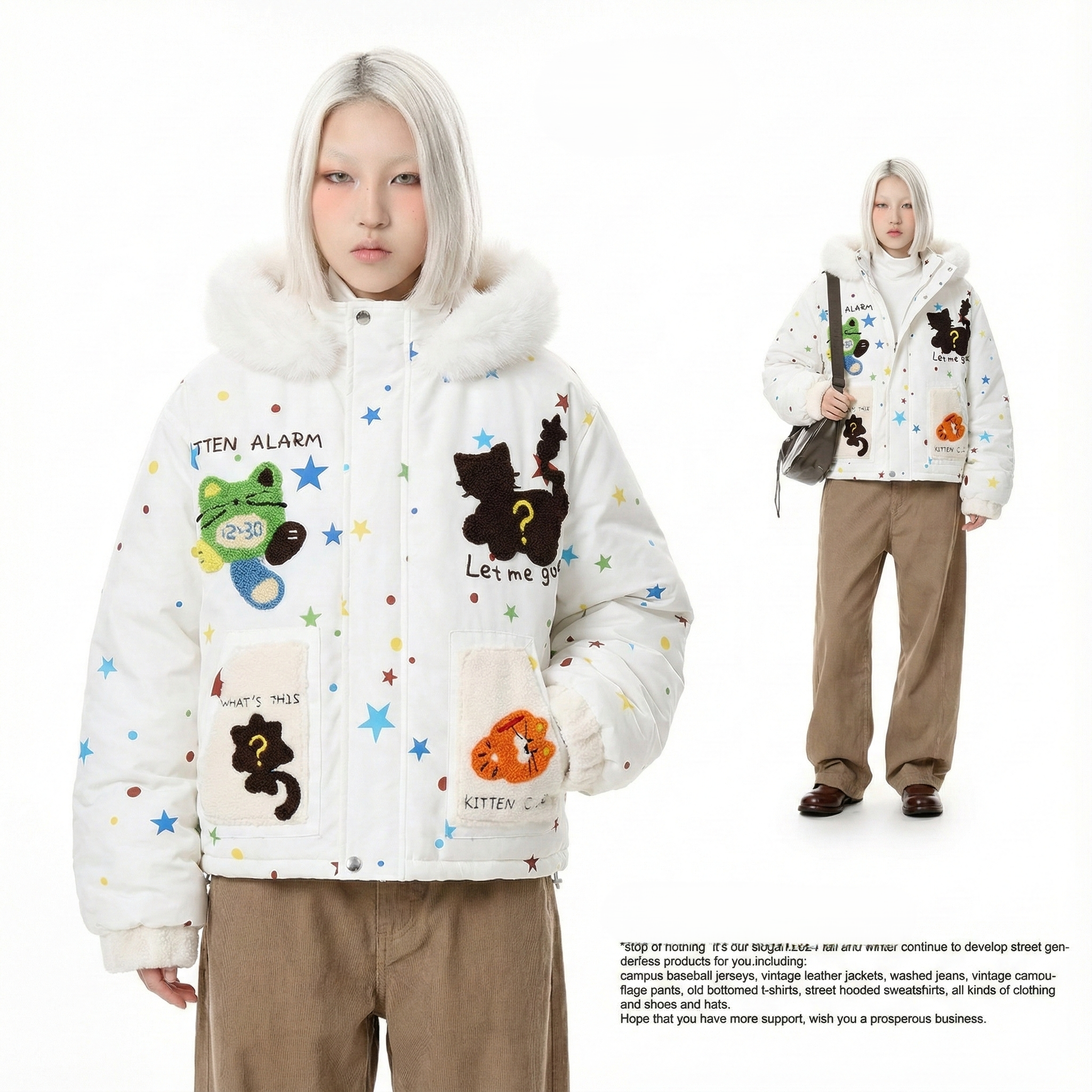 WES®️| ÁO KHOÁC COTTON CỔ LÔNG HỌA TIẾT HOẠT HÌNH DÁNG RỘNG UNISEX 6159