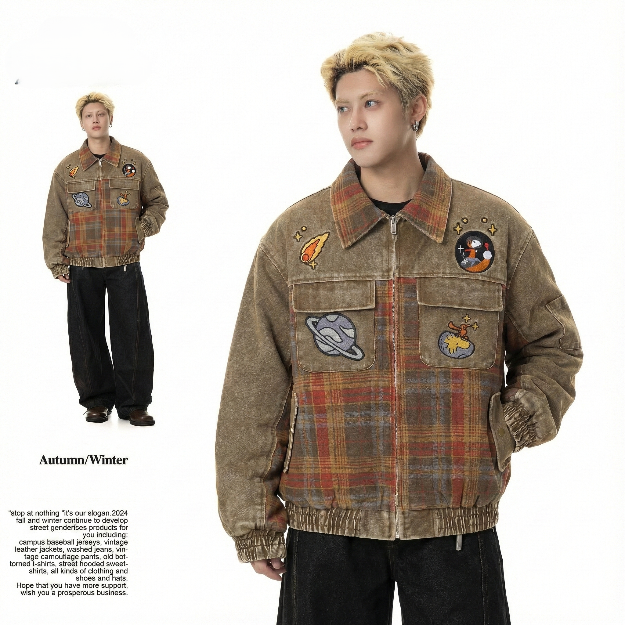 WES®️| ÁO KHOÁC KẺ CARO THÊU HỌA TIẾT HOẠT HÌNH DÁNG RỘNG  VINTAGE UNISEX 5142