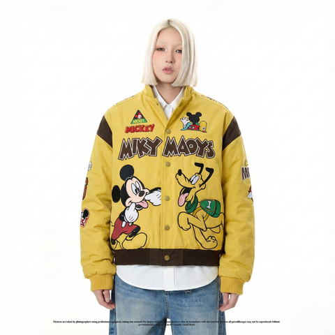 WES®️| ÁO KHOÁC BOMBER VẢI THÔ TRẦN BÔNG HỌA TIẾT THÊU MICKEY VINTAGE UNISEX  W6136