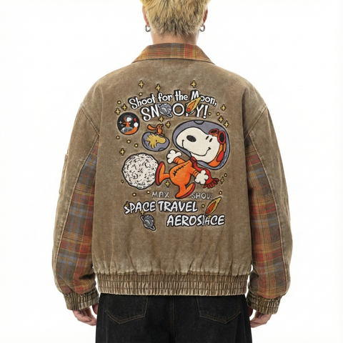 WES®️| ÁO KHOÁC KẺ CARO THÊU HỌA TIẾT HOẠT HÌNH DÁNG RỘNG  VINTAGE UNISEX 5142