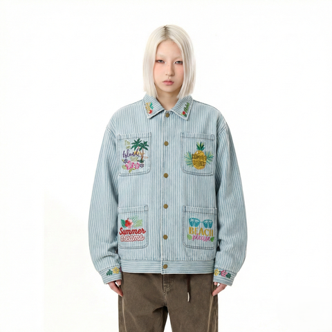 WES®️| ÁO KHOÁC DENIM CỔ BẺ THÊU HỌA TIẾT SUMMER RETRO UNISEX WES2026