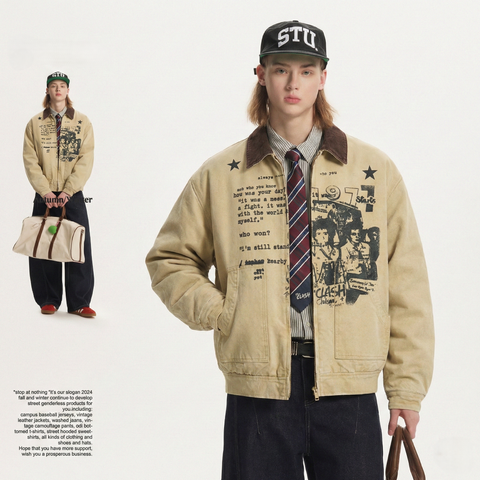 WES®️| ÁO KHOÁC VẢI THÔ KHAKI HỌA TIẾT RETRO UNISEX WES5171