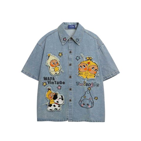 WES®️| ÁO SƠ MI JEAN NGẮN TAY THÊU HỌA TIẾT HOẠT HÌNH TWINKLE UNISEX C5857