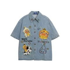 WES®️| ÁO SƠ MI JEAN NGẮN TAY THÊU HỌA TIẾT HOẠT HÌNH TWINKLE UNISEX C5857