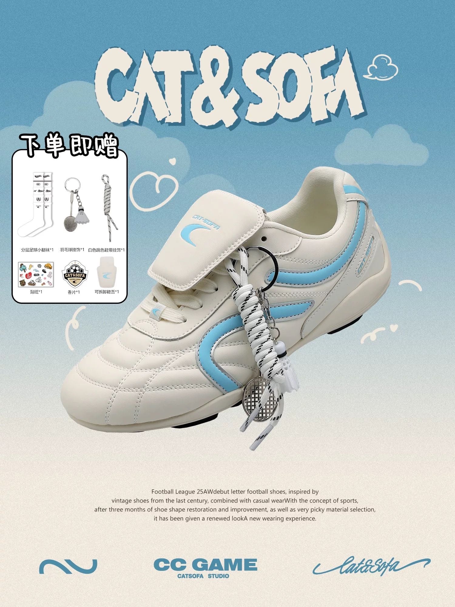 CATSOFA ™️| GIÀY SNEAKER BÓNG ĐÁ THỂ THAO TẬP LUYỆN WHITE/BLUE UNISEX CAT&SOFA CS25011