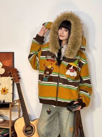 WES®️| ÁO KHOÁC NHUNG TAI THỎ HỌA TIẾT THÊU ĐỘNG VẬT RETRO UNISEX WES6181