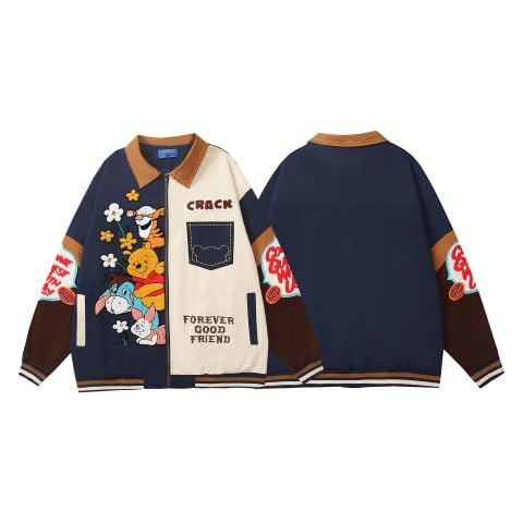 WES®️| ÁO KHOÁC VẢI THÔ DÁNG RỘNG THÊU HỌA TIẾT HOẠT HÌNH UNISEX HY585