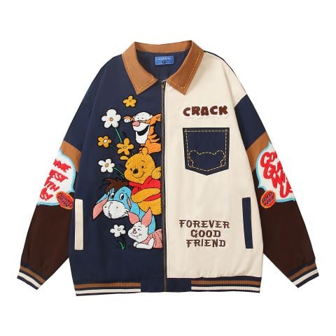WES®️| ÁO KHOÁC VẢI THÔ DÁNG RỘNG THÊU HỌA TIẾT HOẠT HÌNH UNISEX HY585