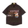 WES®️| ÁO KHOÁC SƠ MI NGẮN TAY KẺ CARO THÊU HỌA TIẾT HOẠT HÌNH RETRO UNISEX WES8006