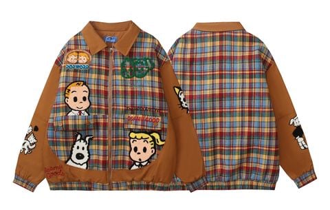 WES®️| ÁO KHOÁC VẢI THÔ DÁNG RỘNG THÊU HỌA TIẾT HOẠT HÌNH UNISEX HY589
