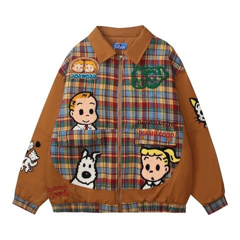 WES®️| ÁO KHOÁC VẢI THÔ DÁNG RỘNG THÊU HỌA TIẾT HOẠT HÌNH UNISEX HY589