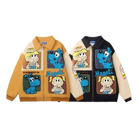 WES®️| ÁO KHOÁC VẢI THÔ DÁNG RỘNG THÊU HỌA TIẾT HOẠT HÌNH UNISEX YH891