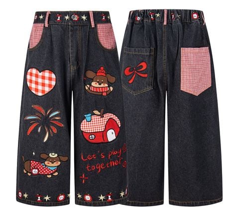 WES®️| QUẦN SHORT DENIM THÊU HOẠT HÌNH CHÚ CHÓ DÁNG RỘNG ỐNG DÁNG SUÔNG UNISEX K105