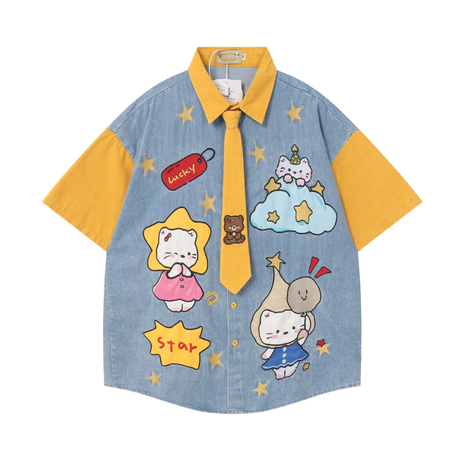 WES®️| ÁO SƠ MI NGẮN TAY THÊU HỌA TIẾT HOẠT HÌNH UNISEX 5239