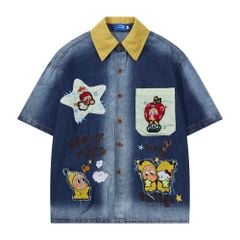 WES®️| ÁO SƠ MI JEAN NGẮN TAY THÊU HỌA TIẾT HOẠT HÌNH TWINKLE UNISEX C5858