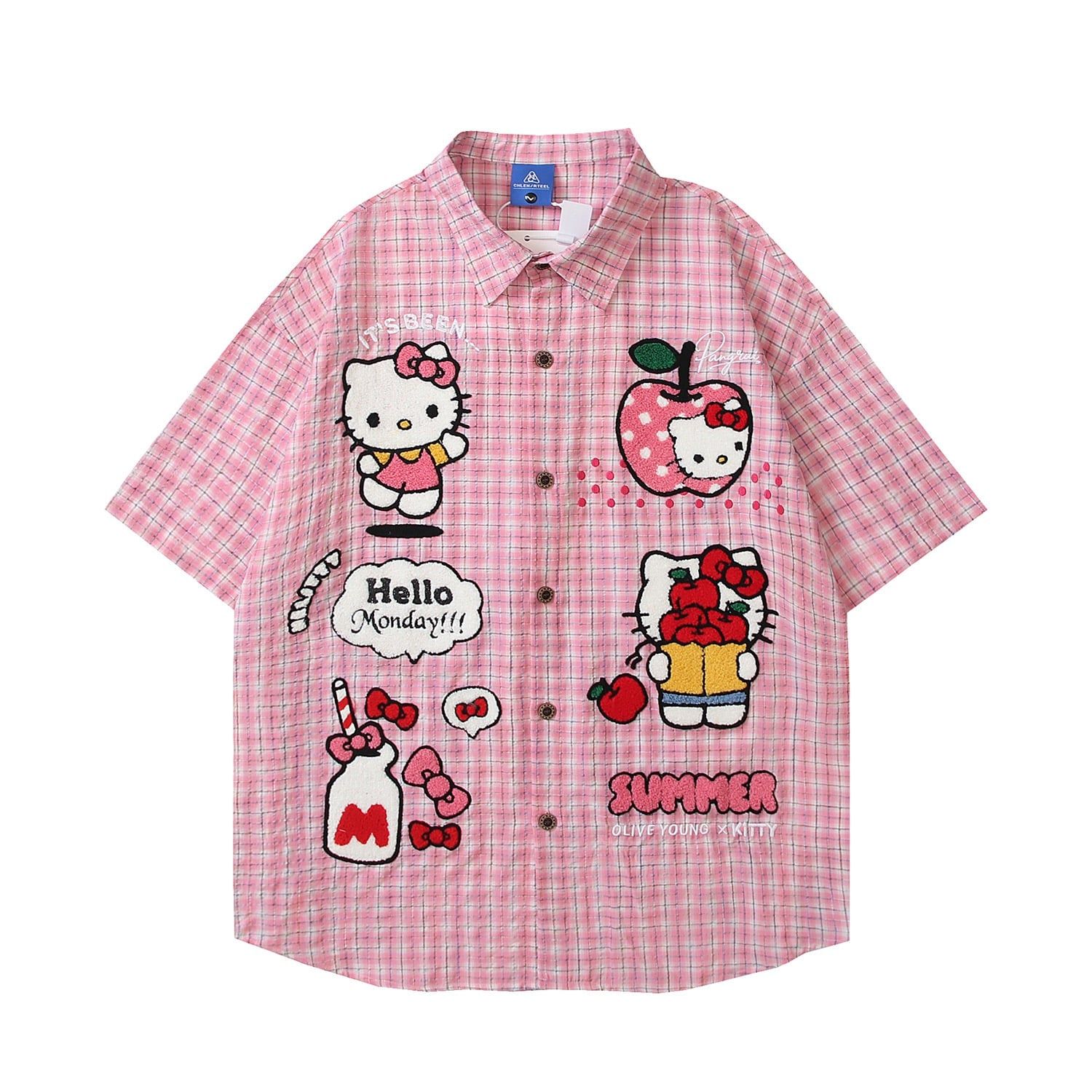 WES®️| ÁO SƠ MI NGẮN TAY THÊU HỌA TIẾT HOẠT HELLO KITTY UNISEX YH985