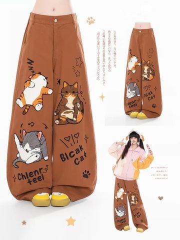 WES®️| QUẦN VẢI THÔ NỬA CẠP CHUN THÊU HOẠT HÌNH UNISEX HY952