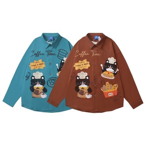WES®️| ÁO SƠ MI DÀI TAY THÊU HỌA TIẾT HOẠT HÌNH UNISEX YH801