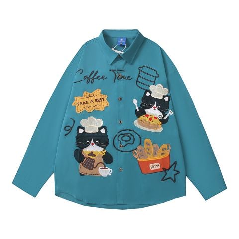 WES®️| ÁO SƠ MI DÀI TAY THÊU HỌA TIẾT HOẠT HÌNH UNISEX YH801