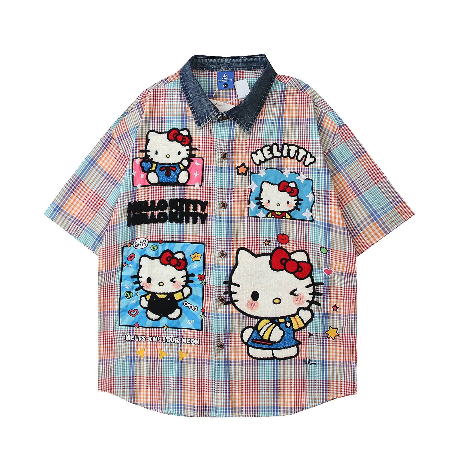WES®️| ÁO SƠ MI NGẮN TAY THÊU HỌA TIẾT HOẠT HÌNH HELLO KITTY UNISEX YH981
