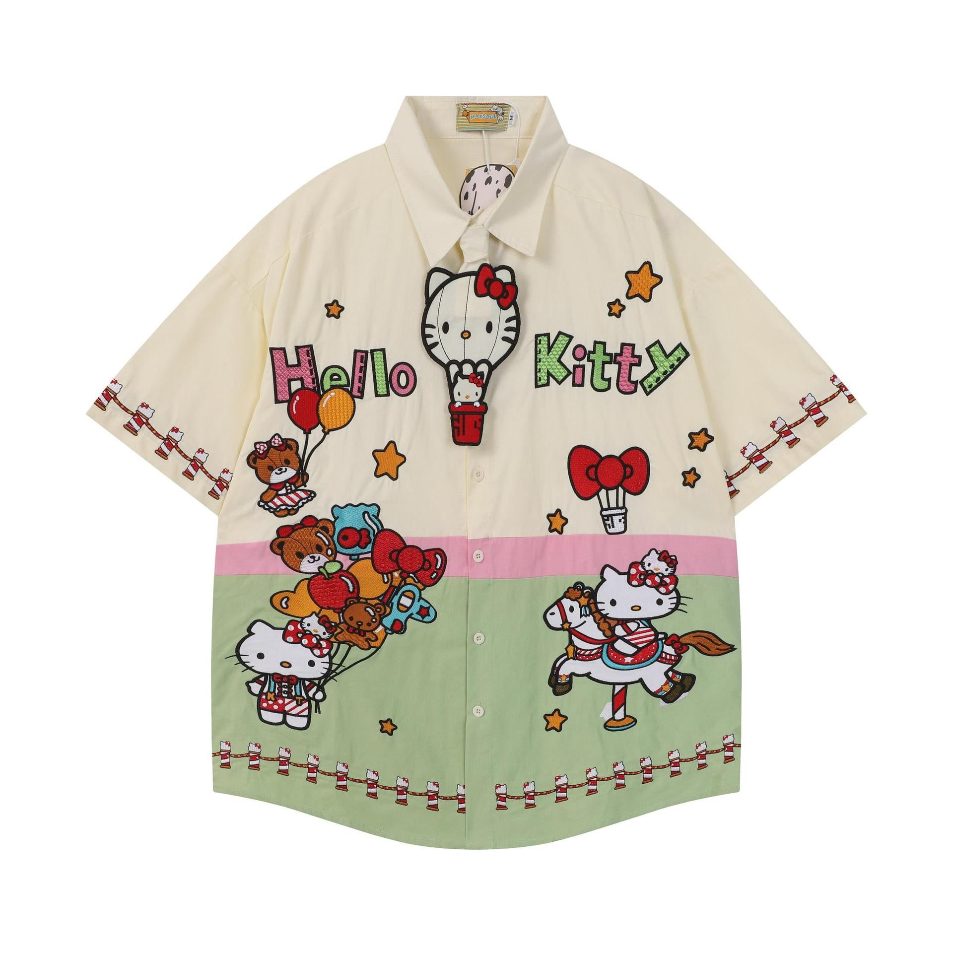 WES®️| ÁO SƠ MI NGẮN TAY THÊU HỌA TIẾT HOẠT HÌNH HELLO KITTY UNISEX 5237