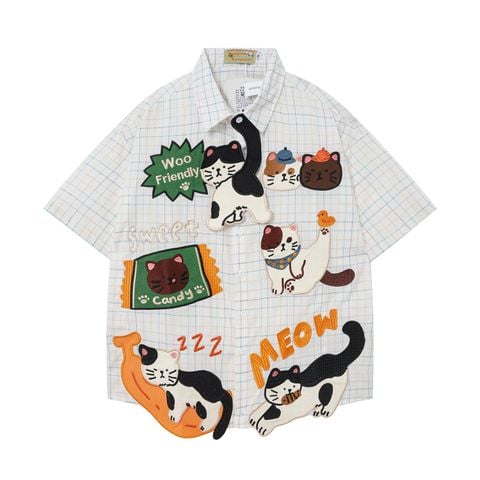 WES®️| ÁO SƠ MI NGẮN TAY THÊU HỌA TIẾT HOẠT HÌNH MÈO LƯỜI UNISEX 5268