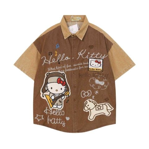 WES®️| ÁO SƠ MI NGẮN TAY THÊU HỌA TIẾT HOẠT HÌNH HELLO KITTY UNISEX 5219