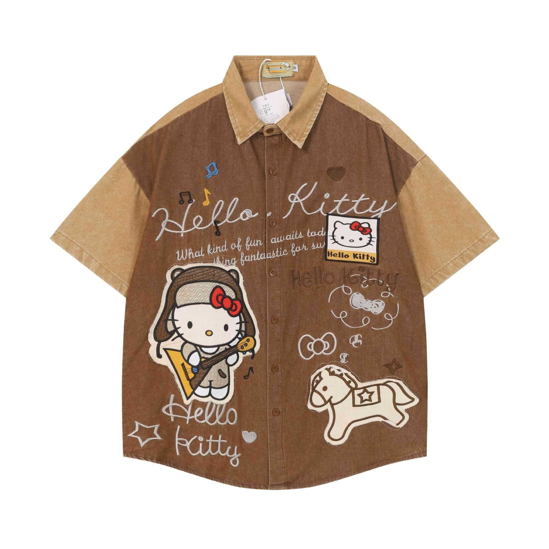 WES®️| ÁO SƠ MI NGẮN TAY THÊU HỌA TIẾT HOẠT HÌNH HELLO KITTY UNISEX 5219
