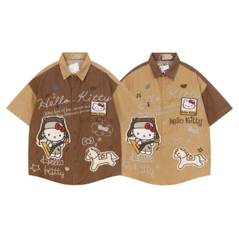 WES®️| ÁO SƠ MI NGẮN TAY THÊU HỌA TIẾT HOẠT HÌNH HELLO KITTY UNISEX 5219