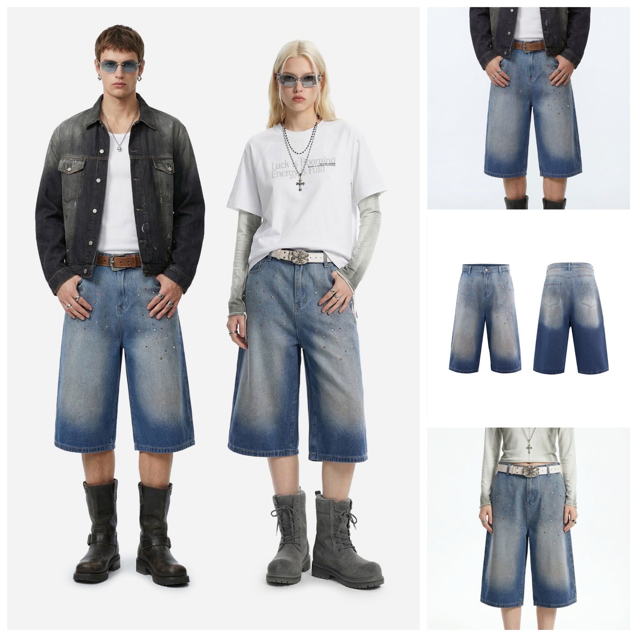 INF ™️| QUẦN SHORT WASH DENIM ĐÍNH ĐÁ DÁNG RỘNG BIG SIZE RETRO INF 12978