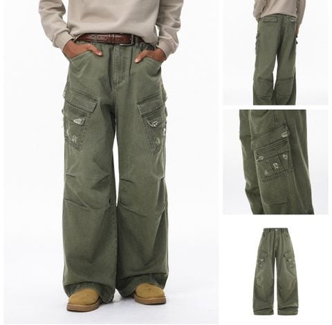 INF®️|QUẦN VẢI THÔ KAKI ỐNG RỘNG ĐÃ GIẶT TÚI HỘP RETRO UNISEX INF 13533