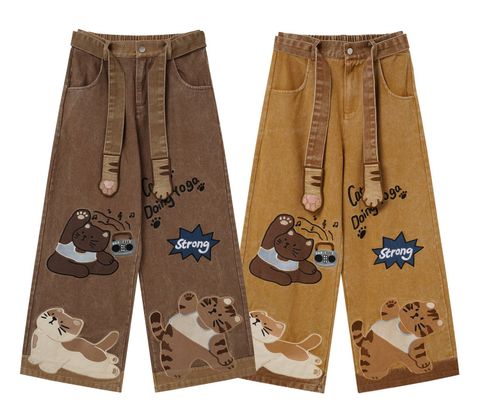 WES®️| QUẦN DENIM NỬA CẠP CHUN WASH THÊU HOẠT HÌNH MÈO STRONG UNISEX 6238