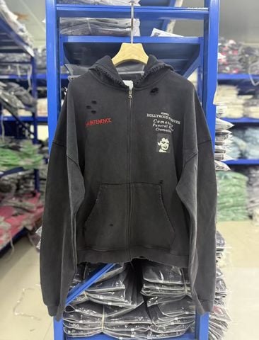 FK®️| ÁO KHOÁC DÁNG RỘNG KHÓA KÉO HOODIE COTTON WASH IN HÌNH LÀM RÁCH UNISEX PH6025