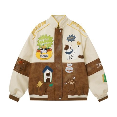 WES®️| ÁO KHOÁC DA PU CAO CẤP THÊU HỌA TIẾT HOẠT HÌNH MEO UNISEX 5306