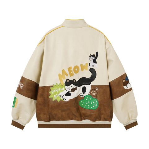 WES®️| ÁO KHOÁC DA PU CAO CẤP THÊU HỌA TIẾT HOẠT HÌNH MEO UNISEX 5306