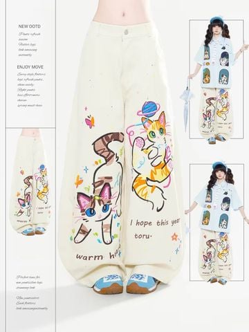 WES®️| QUẦN DENIM NỬA CẠP CHUN WASH THÊU HOẠT HÌNH UNISEX HY903