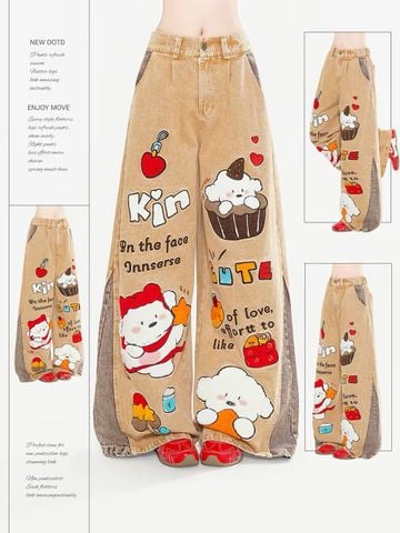 WES®️| QUẦN DENIM NỬA CẠP CHUN WASH THÊU HOẠT HÌNH UNISEX 170