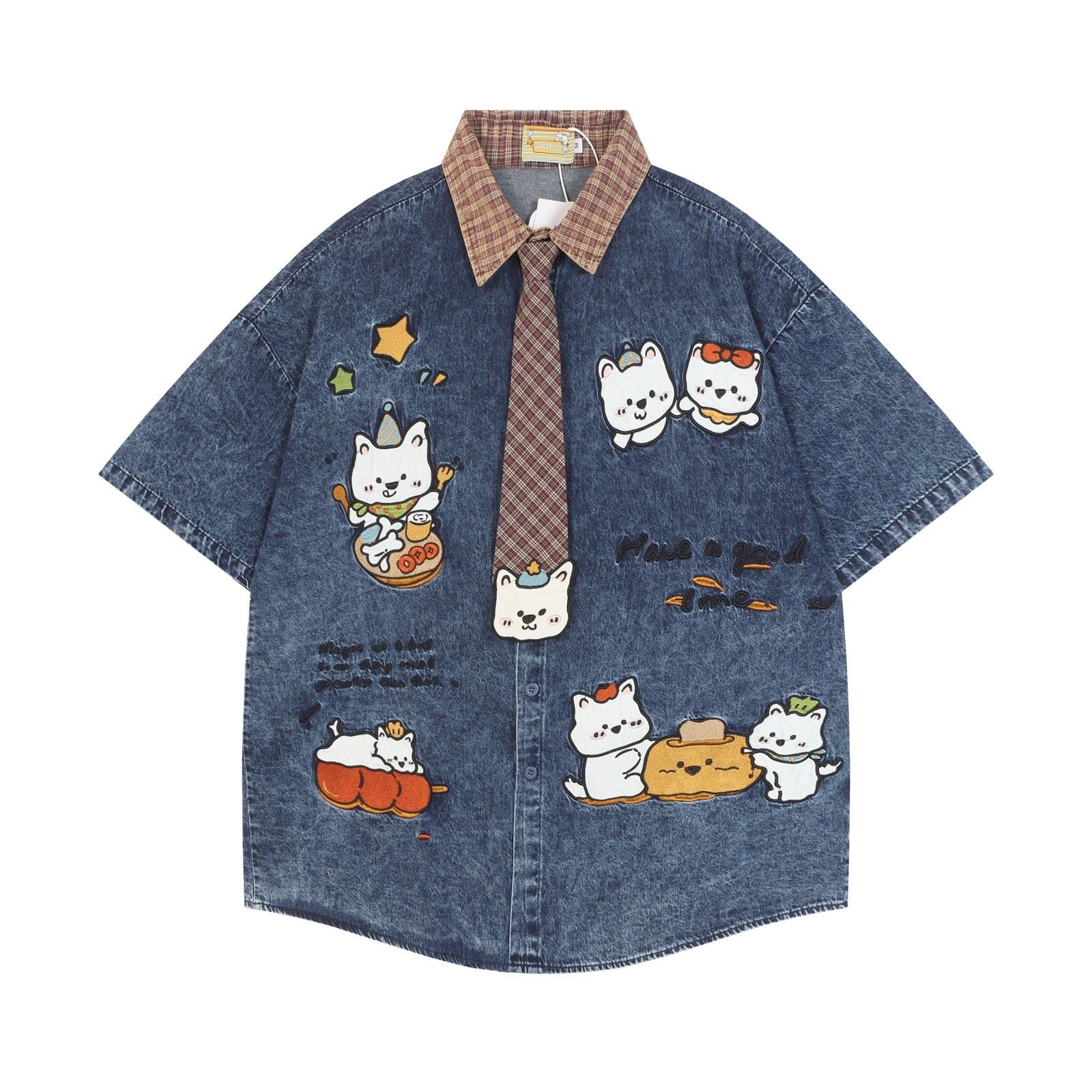 WES®️| ÁO SƠ MI JEAN NGẮN TAY THÊU HỌA TIẾT HOẠT HÌNH MÈO UNISEX 5228