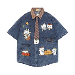 WES®️| ÁO SƠ MI JEAN NGẮN TAY THÊU HỌA TIẾT HOẠT HÌNH MÈO UNISEX 5228