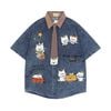 WES®️| ÁO SƠ MI JEAN NGẮN TAY THÊU HỌA TIẾT HOẠT HÌNH MÈO UNISEX 5228