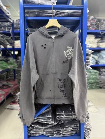 FK®️| ÁO KHOÁC DÁNG RỘNG HOODIE COTTON WASH IN HÌNH LÀM RÁCH ĐÍNH ĐÁ CƯỜM  UNISEX PH3486