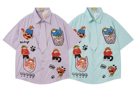 WES®️| ÁO SƠ MI NGẮN TAY THÊU HỌA TIẾT HOẠT HÌNH UNISEX 5265