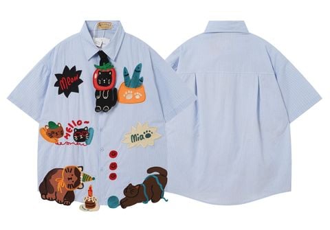 WES®️| ÁO SƠ MI NGẮN TAY THÊU HỌA TIẾT HOẠT HÌNH UNISEX 5260