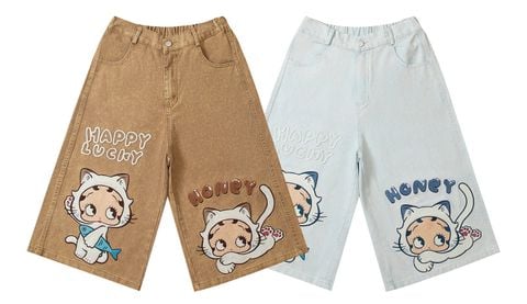 WES®️| QUẦN SHORT DENIM THÊU HOẠT HÌNH UNISEX HY883