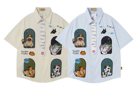 WES®️| ÁO SƠ MI NGẮN TAY THÊU HỌA TIẾT HOẠT HÌNH UNISEX 5254