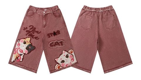 WES®️| QUẦN SHORT DENIM THÊU HOẠT HÌNH UNISEX YH1063